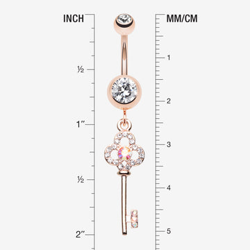 Detail View 1 of Rose Gold Victorian Skeleton Key Sparkle Belly Button Ring-Clear Gem